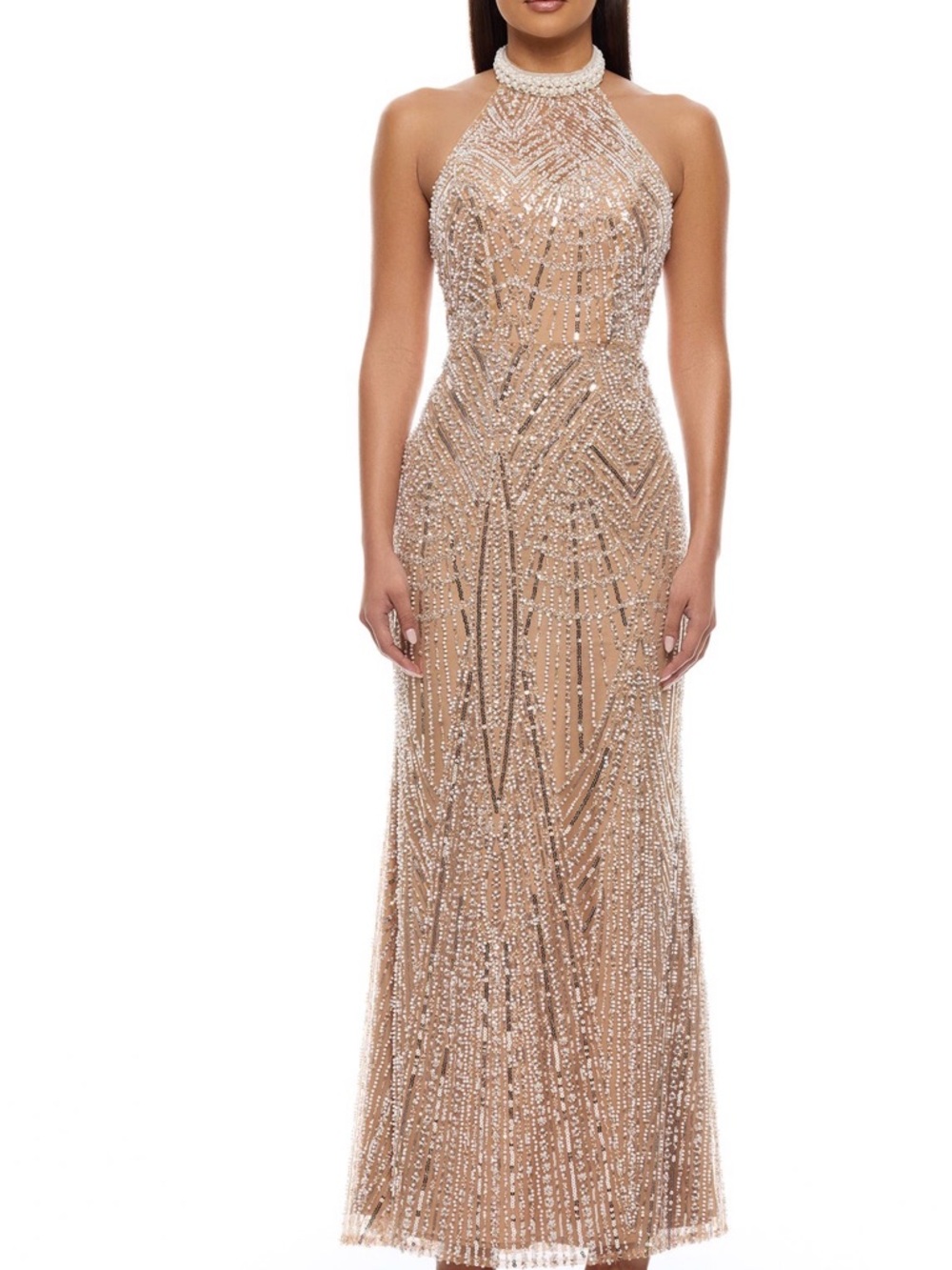 Fashionnova Take Back the Night Embellished Gown - Nude - Sz L - NWOT